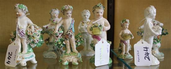 8 Continental small porcelain figures of cherubs with flowers, inc pairs, blanc de chine etc (faults)